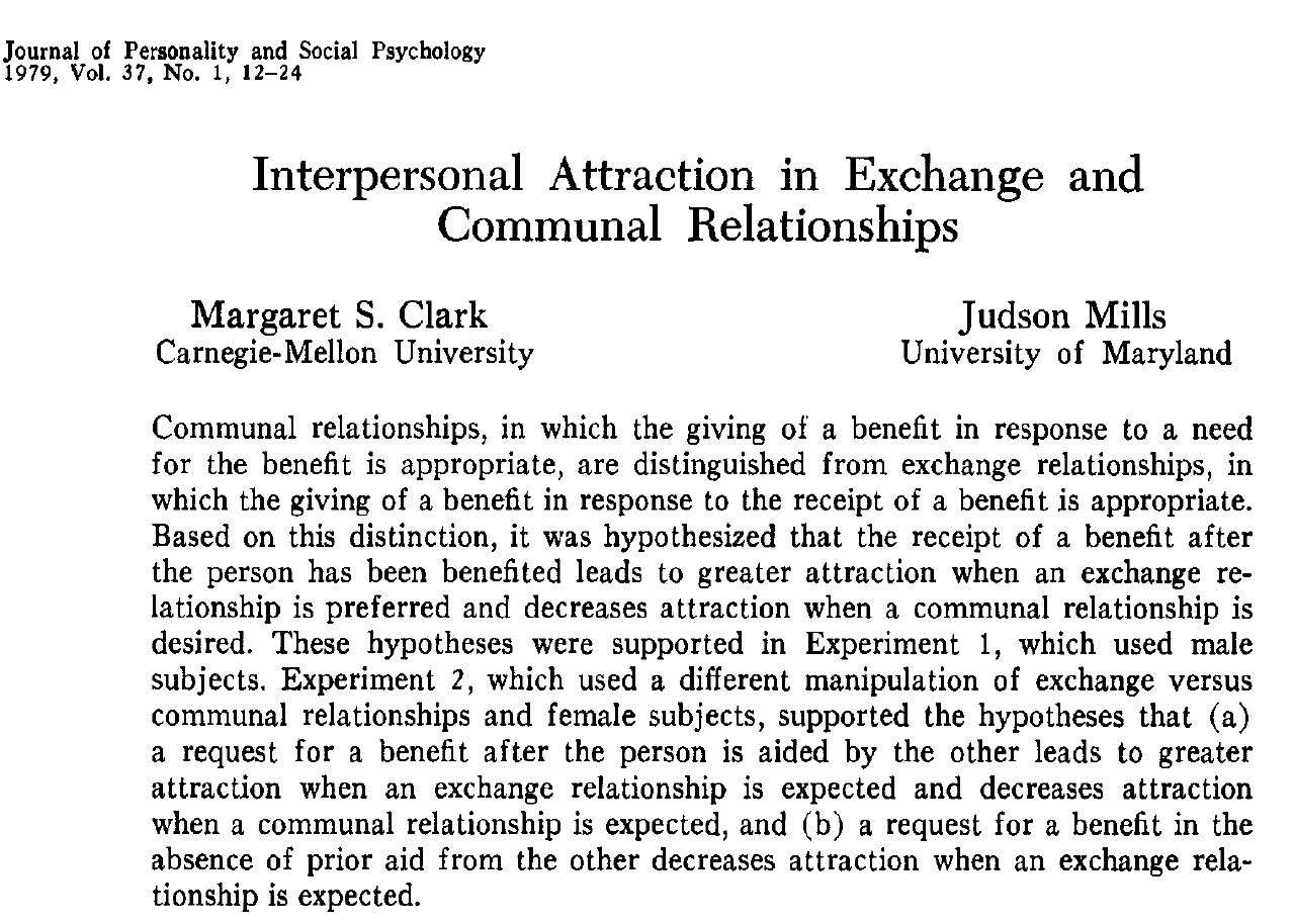 Interpersonal attraction in exchange and communal relationships